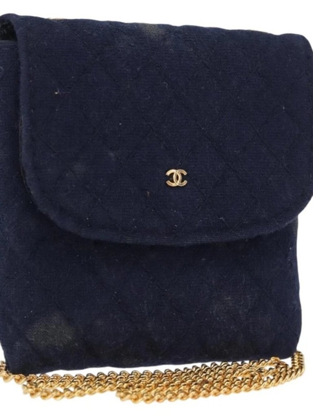 CHANEL Mini Matelasse Chain Pouch Cotton Navy Gold CC Auth bs31449